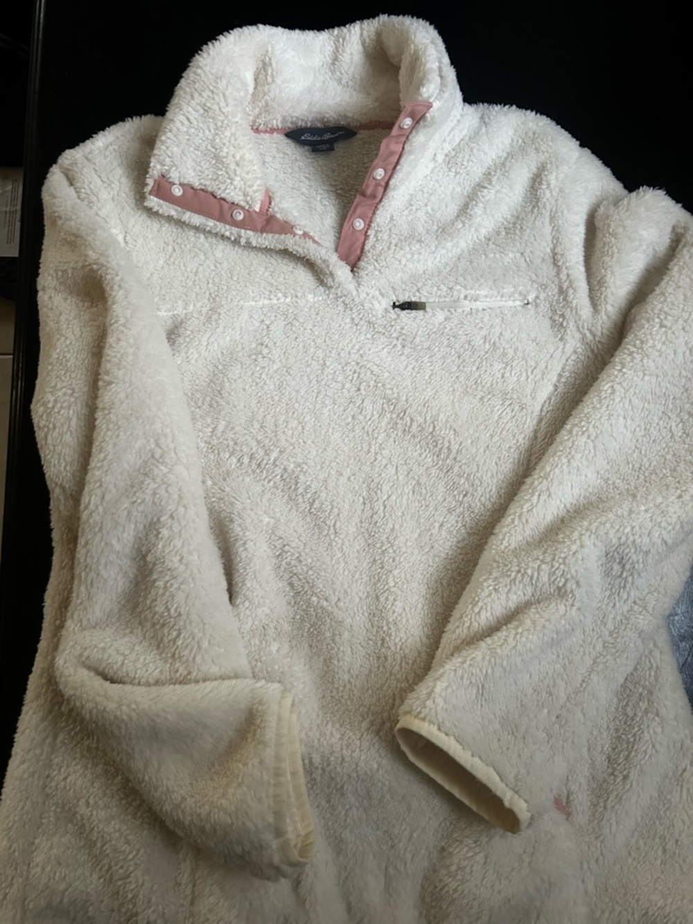 Eddie Bauer Cream Sherpa Pullover with Blush Trim